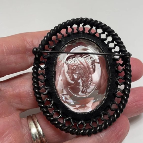 Black Tone Clear Glass Cameo Crystal Rhinestone Brooch 2-1/4” - Picture 3 of 5